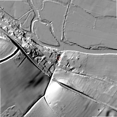 Shaded relief map of the ground around DT119EA, computed from Environment Agency LiDAR. The ground here sits at about 30 m above sea level and falls 53 m across the surrounding 800 m. Surface water reaching this point runs off ground lying to the west-south-west, 48.8 m higher.