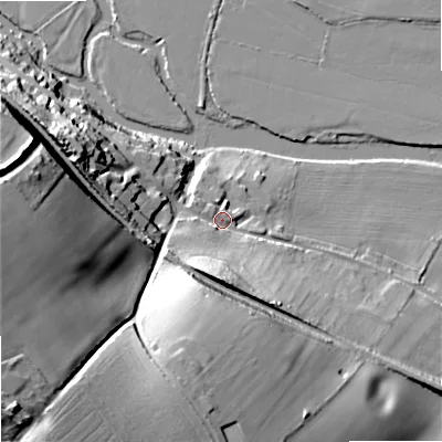 Shaded relief map of the ground around DT119EB, computed from Environment Agency LiDAR. The ground here sits at about 34 m above sea level and falls 49 m across the surrounding 800 m. Surface water reaching this point runs off ground lying to the south-south-west, 14.8 m higher.