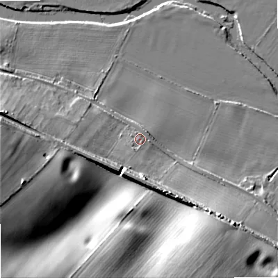 Shaded relief map of the ground around DT119EE, computed from Environment Agency LiDAR. The ground here sits at about 30 m above sea level and falls 34 m across the surrounding 800 m. Surface water reaching this point runs off ground lying to the south-west, 10.1 m higher.