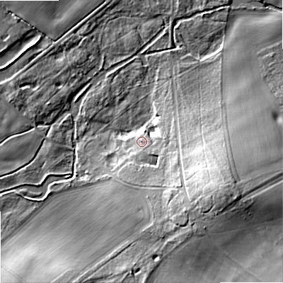 Shaded relief map of the ground around DT119EH, computed from Environment Agency LiDAR. The ground here sits at about 36 m above sea level and falls 20 m across the surrounding 800 m. Surface water reaching this point runs off ground lying to the south-east, 9.1 m higher.