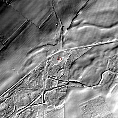 Shaded relief map of the ground around DT119EL, computed from Environment Agency LiDAR. The ground here sits at about 31 m above sea level and falls 17 m across the surrounding 800 m. Surface water reaching this point runs off ground lying to the east-south-east, 1.5 m higher.
