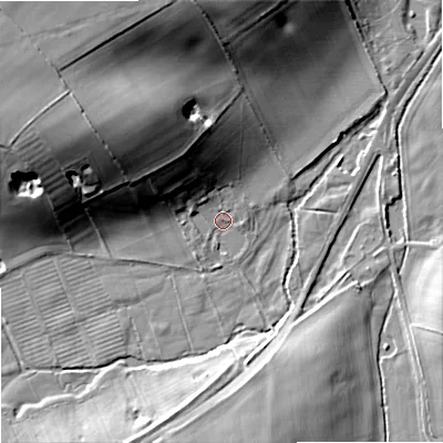 Shaded relief map of the ground around DT119ES, computed from Environment Agency LiDAR. The ground here sits at about 38 m above sea level and falls 24 m across the surrounding 800 m. Surface water reaching this point runs off ground lying to the north-west, 19.2 m higher.
