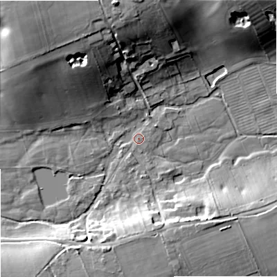 Shaded relief map of the ground around DT119EU, computed from Environment Agency LiDAR. The ground here sits at about 40 m above sea level and falls 23 m across the surrounding 800 m. Surface water reaching this point runs off ground lying to the north-west, 21.4 m higher.