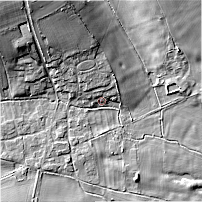 Shaded relief map of the ground around DT119FB, computed from Environment Agency LiDAR. The ground here sits at about 54 m above sea level and falls 22 m across the surrounding 800 m. Surface water reaching this point runs off ground lying to the north-north-west, 9.5 m higher.