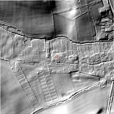 Shaded relief map of the ground around DT119FD, computed from Environment Agency LiDAR. The ground here sits at about 56 m above sea level and falls 18 m across the surrounding 800 m. The ground contributing surface water to this point lies to the south-south-west.