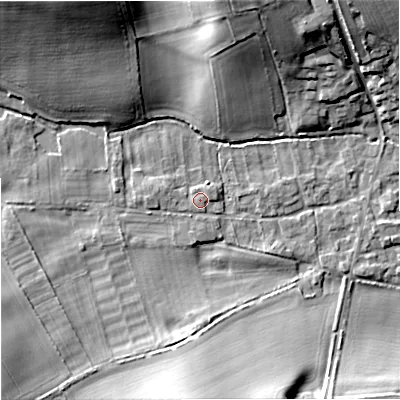 Shaded relief map of the ground around DT119FG, computed from Environment Agency LiDAR. The ground here sits at about 55 m above sea level and falls 17 m across the surrounding 800 m. Surface water reaching this point runs off ground lying to the south-west, 0.6 m higher.