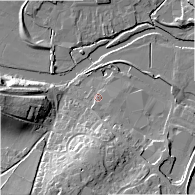 Shaded relief map of the ground around DT119GB, computed from Environment Agency LiDAR. The ground here sits at about 35 m above sea level and falls 25 m across the surrounding 800 m. Surface water reaching this point runs off ground lying to the south-east, 1.9 m higher.