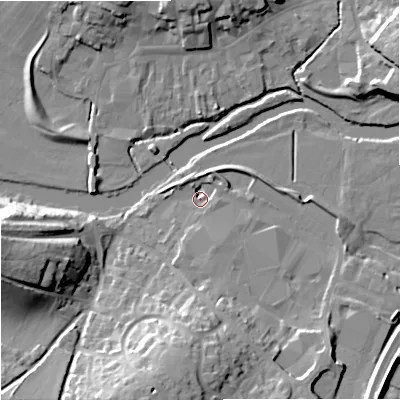 Shaded relief map of the ground around DT119GD, computed from Environment Agency LiDAR. The ground here sits at about 33 m above sea level and falls 23 m across the surrounding 800 m. Surface water reaching this point runs off ground lying to the south-south-east, 4.5 m higher.