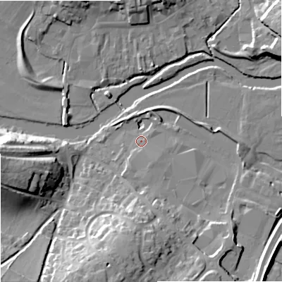 Shaded relief map of the ground around DT119GE, computed from Environment Agency LiDAR. The ground here sits at about 34 m above sea level and falls 23 m across the surrounding 800 m. Surface water reaching this point runs off ground lying to the south-south-east, 2.3 m higher.