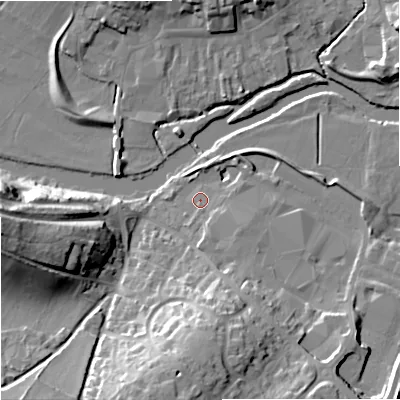 Shaded relief map of the ground around DT119GF, computed from Environment Agency LiDAR. The ground here sits at about 34 m above sea level and falls 27 m across the surrounding 800 m. Surface water reaching this point runs off ground lying to the south-south-east, 2.8 m higher.