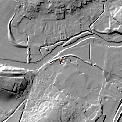 Shaded relief map of the ground around DT119GG, computed from Environment Agency LiDAR. The ground here sits at about 33 m above sea level and falls 23 m across the surrounding 800 m. Surface water reaching this point runs off ground lying to the south, 4.8 m higher.