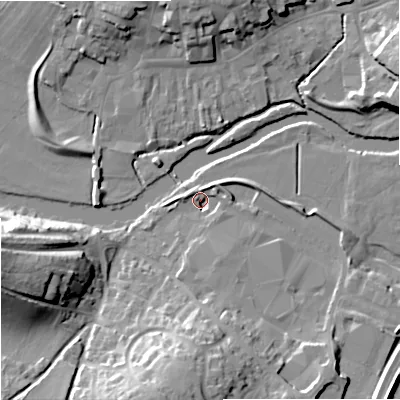 Shaded relief map of the ground around DT119GH, computed from Environment Agency LiDAR. The ground here sits at about 33 m above sea level and falls 24 m across the surrounding 800 m. Surface water reaching this point runs off ground lying to the south, 4.8 m higher.
