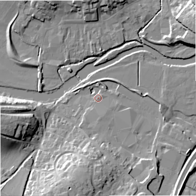 Shaded relief map of the ground around DT119GJ, computed from Environment Agency LiDAR. The ground here sits at about 34 m above sea level and falls 22 m across the surrounding 800 m. Surface water reaching this point runs off ground lying to the south, 1.6 m higher.