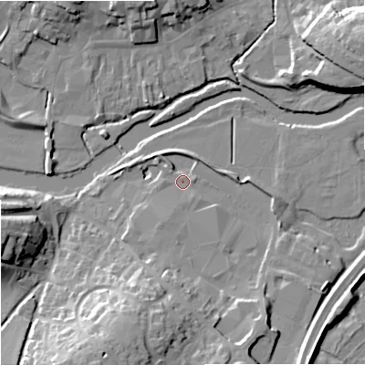 Shaded relief map of the ground around DT119GN, computed from Environment Agency LiDAR. The ground here sits at about 33 m above sea level and falls 21 m across the surrounding 800 m. Surface water reaching this point runs off ground lying to the south-south-west, 17.9 m higher.