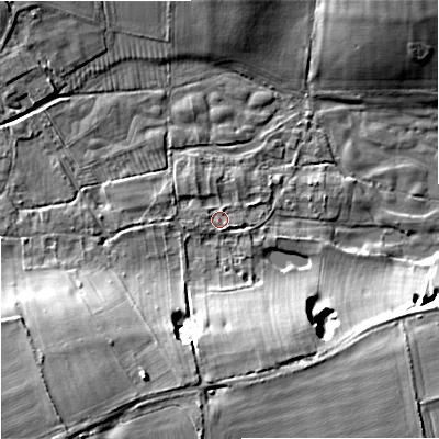 Shaded relief map of the ground around DT119HA, computed from Environment Agency LiDAR. The ground here sits at about 45 m above sea level and falls 14 m across the surrounding 800 m. Surface water reaching this point runs off ground lying to the west-north-west, 0.9 m higher.