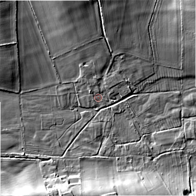 Shaded relief map of the ground around DT119HD, computed from Environment Agency LiDAR. The ground here sits at about 47 m above sea level and falls 12 m across the surrounding 800 m. Surface water reaching this point runs off ground lying to the north-north-west, 8.7 m higher.
