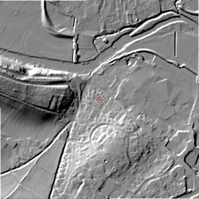 Shaded relief map of the ground around DT119HJ, computed from Environment Agency LiDAR. The ground here sits at about 35 m above sea level and falls 34 m across the surrounding 800 m. Surface water reaching this point runs off ground lying to the south-south-east, 6.1 m higher.