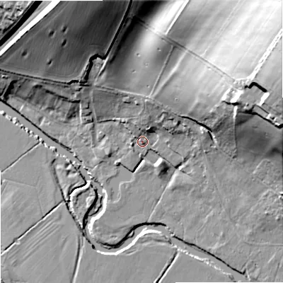 Shaded relief map of the ground around DT119HS, computed from Environment Agency LiDAR. The ground here sits at about 34 m above sea level and falls 44 m across the surrounding 800 m. Surface water reaching this point runs off ground lying to the north-north-east, 6.3 m higher.
