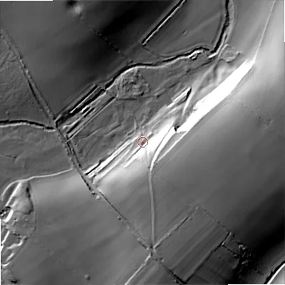 Shaded relief map of the ground around DT119HU, computed from Environment Agency LiDAR. The ground here sits at about 35 m above sea level and falls 35 m across the surrounding 800 m. Surface water reaching this point runs off ground lying to the east-south-east, 25.7 m higher.