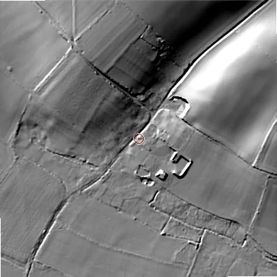 Shaded relief map of the ground around DT119HY, computed from Environment Agency LiDAR. The ground here sits at about 30 m above sea level and falls 30 m across the surrounding 800 m. Surface water reaching this point runs off ground lying to the north, 27.1 m higher.