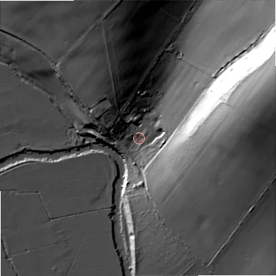 Shaded relief map of the ground around DT119HZ, computed from Environment Agency LiDAR. The ground here sits at about 33 m above sea level and falls 57 m across the surrounding 800 m. Surface water reaching this point runs off ground lying to the east-north-east, 51.8 m higher.