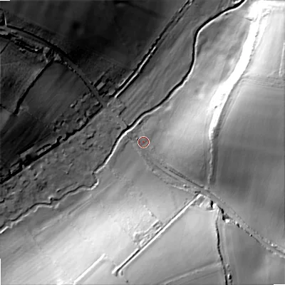 Shaded relief map of the ground around DT119JH, computed from Environment Agency LiDAR. The ground here sits at about 36 m above sea level and falls 34 m across the surrounding 800 m. Surface water reaching this point runs off ground lying to the south-south-east, 32.0 m higher.