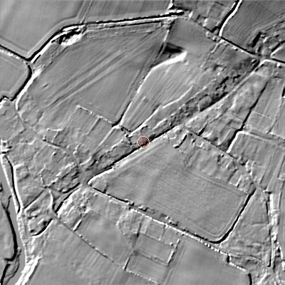 Shaded relief map of the ground around DT119JT, computed from Environment Agency LiDAR. The ground here sits at about 27 m above sea level and falls 15 m across the surrounding 800 m. Surface water reaching this point runs off ground lying to the north-north-east, 13.0 m higher.