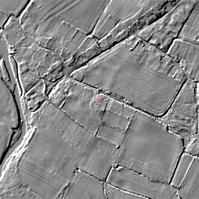 Shaded relief map of the ground around DT119JZ, computed from Environment Agency LiDAR. The ground here sits at about 26 m above sea level and falls 7 m across the surrounding 800 m. Surface water reaching this point runs off ground lying to the south-south-east, 1.1 m higher.