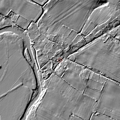 Shaded relief map of the ground around DT119LA, computed from Environment Agency LiDAR. The ground here sits at about 26 m above sea level and falls 9 m across the surrounding 800 m. Surface water reaching this point runs off ground lying to the north, 2.8 m higher.
