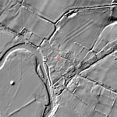 Shaded relief map of the ground around DT119LB, computed from Environment Agency LiDAR. The ground here sits at about 27 m above sea level and falls 13 m across the surrounding 800 m. Surface water reaching this point runs off ground lying to the east-north-east, 1.4 m higher.