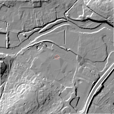 Shaded relief map of the ground around DT119LE, computed from Environment Agency LiDAR. The ground here sits at about 33 m above sea level and falls 23 m across the surrounding 800 m. Surface water reaching this point runs off ground lying to the south-south-west, 19.7 m higher.