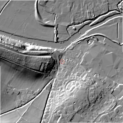 Shaded relief map of the ground around DT119LH, computed from Environment Agency LiDAR. The ground here sits at about 34 m above sea level and falls 32 m across the surrounding 800 m. Surface water reaching this point runs off ground lying to the west-north-west, 28.9 m higher.