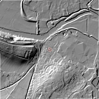 Shaded relief map of the ground around DT119LL, computed from Environment Agency LiDAR. The ground here sits at about 34 m above sea level and falls 30 m across the surrounding 800 m. Surface water reaching this point runs off ground lying to the south-south-east, 16.6 m higher.