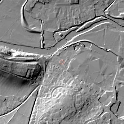 Shaded relief map of the ground around DT119LN, computed from Environment Agency LiDAR. The ground here sits at about 34 m above sea level and falls 29 m across the surrounding 800 m. Surface water reaching this point runs off ground lying to the south-east, 1.2 m higher.