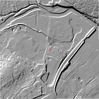 Shaded relief map of the ground around DT119LQ, computed from Environment Agency LiDAR. The ground here sits at about 35 m above sea level and falls 24 m across the surrounding 800 m. Surface water reaching this point runs off ground lying to the south-south-west, 7.4 m higher.