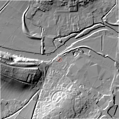 Shaded relief map of the ground around DT119LR, computed from Environment Agency LiDAR. The ground here sits at about 33 m above sea level and falls 30 m across the surrounding 800 m. Surface water reaching this point runs off ground lying to the south-east, 4.8 m higher.