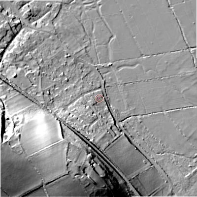 Shaded relief map of the ground around DT119NL, computed from Environment Agency LiDAR. The ground here sits at about 32 m above sea level and falls 39 m across the surrounding 800 m. Surface water reaching this point runs off ground lying to the south-west, 7.5 m higher.