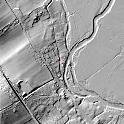 Shaded relief map of the ground around DT119NS, computed from Environment Agency LiDAR. The ground here sits at about 31 m above sea level and falls 35 m across the surrounding 800 m. Surface water reaching this point runs off ground lying to the west-north-west, 6.3 m higher.
