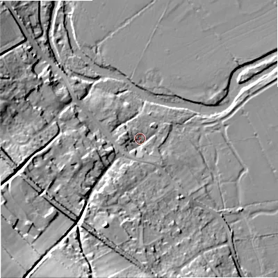 Shaded relief map of the ground around DT119NZ, computed from Environment Agency LiDAR. The ground here sits at about 30 m above sea level and falls 42 m across the surrounding 800 m. Surface water reaching this point runs off ground lying to the west-north-west, 3.1 m higher.