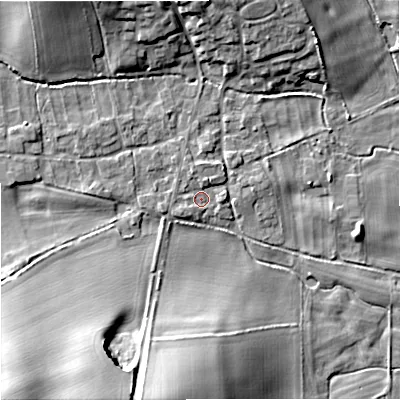Shaded relief map of the ground around DT119QE, computed from Environment Agency LiDAR. The ground here sits at about 53 m above sea level and falls 21 m across the surrounding 800 m. Surface water reaching this point runs off ground lying to the north-north-west, 1.5 m higher.