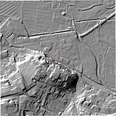 Shaded relief map of the ground around DT11AB, computed from Environment Agency LiDAR. The ground here sits at about 54 m above sea level and falls 17 m across the surrounding 800 m. Surface water reaching this point runs off ground lying to the west, 8.8 m higher.
