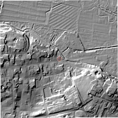 Shaded relief map of the ground around DT11HU, computed from Environment Agency LiDAR. The ground here sits at about 56 m above sea level and falls 22 m across the surrounding 800 m. Surface water reaching this point runs off ground lying to the west, 20.0 m higher.