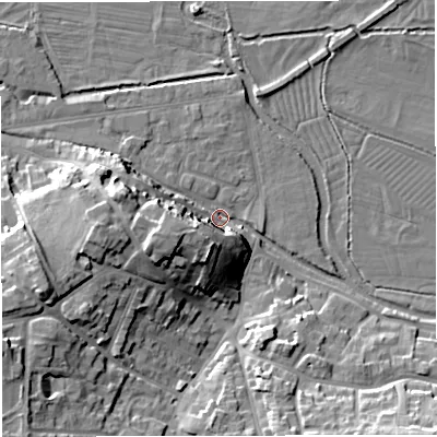 Shaded relief map of the ground around DT11LG, computed from Environment Agency LiDAR. The ground here sits at about 53 m above sea level and falls 17 m across the surrounding 800 m. Surface water reaching this point runs off ground lying to the west-south-west, 15.2 m higher.