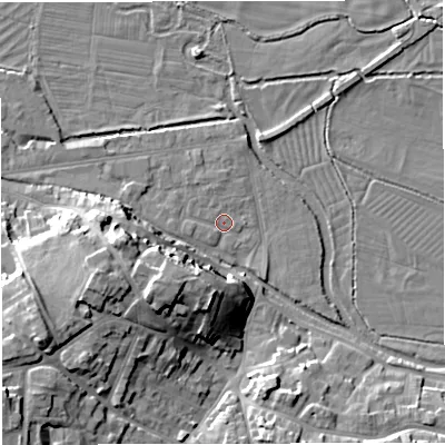 Shaded relief map of the ground around DT11LJ, computed from Environment Agency LiDAR. The ground here sits at about 54 m above sea level and falls 17 m across the surrounding 800 m. Surface water reaching this point runs off ground lying to the west, 9.2 m higher.