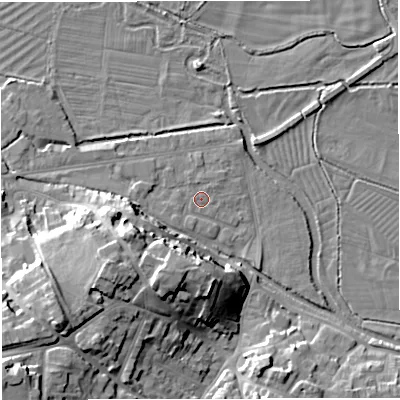 Shaded relief map of the ground around DT11LL, computed from Environment Agency LiDAR. The ground here sits at about 54 m above sea level and falls 17 m across the surrounding 800 m. Surface water reaching this point runs off ground lying to the west-south-west, 8.8 m higher.