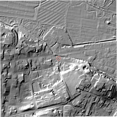 Shaded relief map of the ground around DT11LT, computed from Environment Agency LiDAR. The ground here sits at about 55 m above sea level and falls 19 m across the surrounding 800 m. Surface water reaching this point runs off ground lying to the west, 16.7 m higher.