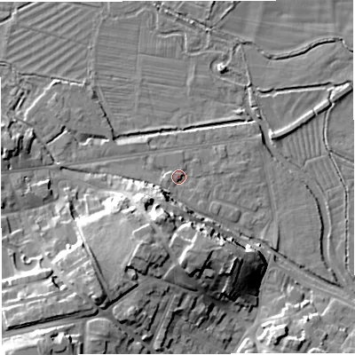 Shaded relief map of the ground around DT11LW, computed from Environment Agency LiDAR. The ground here sits at about 55 m above sea level and falls 17 m across the surrounding 800 m. Surface water reaching this point runs off ground lying to the south-west, 8.8 m higher.