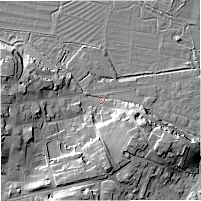 Shaded relief map of the ground around DT11LX, computed from Environment Agency LiDAR. The ground here sits at about 55 m above sea level and falls 17 m across the surrounding 800 m. Surface water reaching this point runs off ground lying to the west, 14.8 m higher.