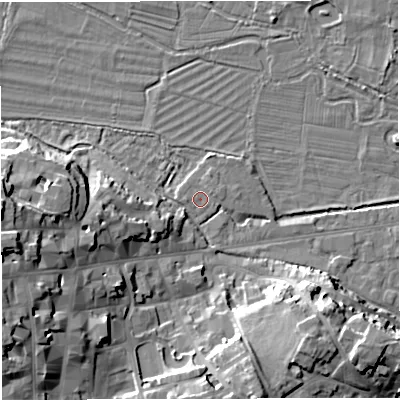 Shaded relief map of the ground around DT11ND, computed from Environment Agency LiDAR. The ground here sits at about 55 m above sea level and falls 21 m across the surrounding 800 m. Surface water reaching this point runs off ground lying to the west, 0.8 m higher.