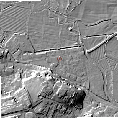 Shaded relief map of the ground around DT11NE, computed from Environment Agency LiDAR. The ground here sits at about 54 m above sea level and falls 16 m across the surrounding 800 m. Surface water reaching this point runs off ground lying to the south-south-west, 13.6 m higher.